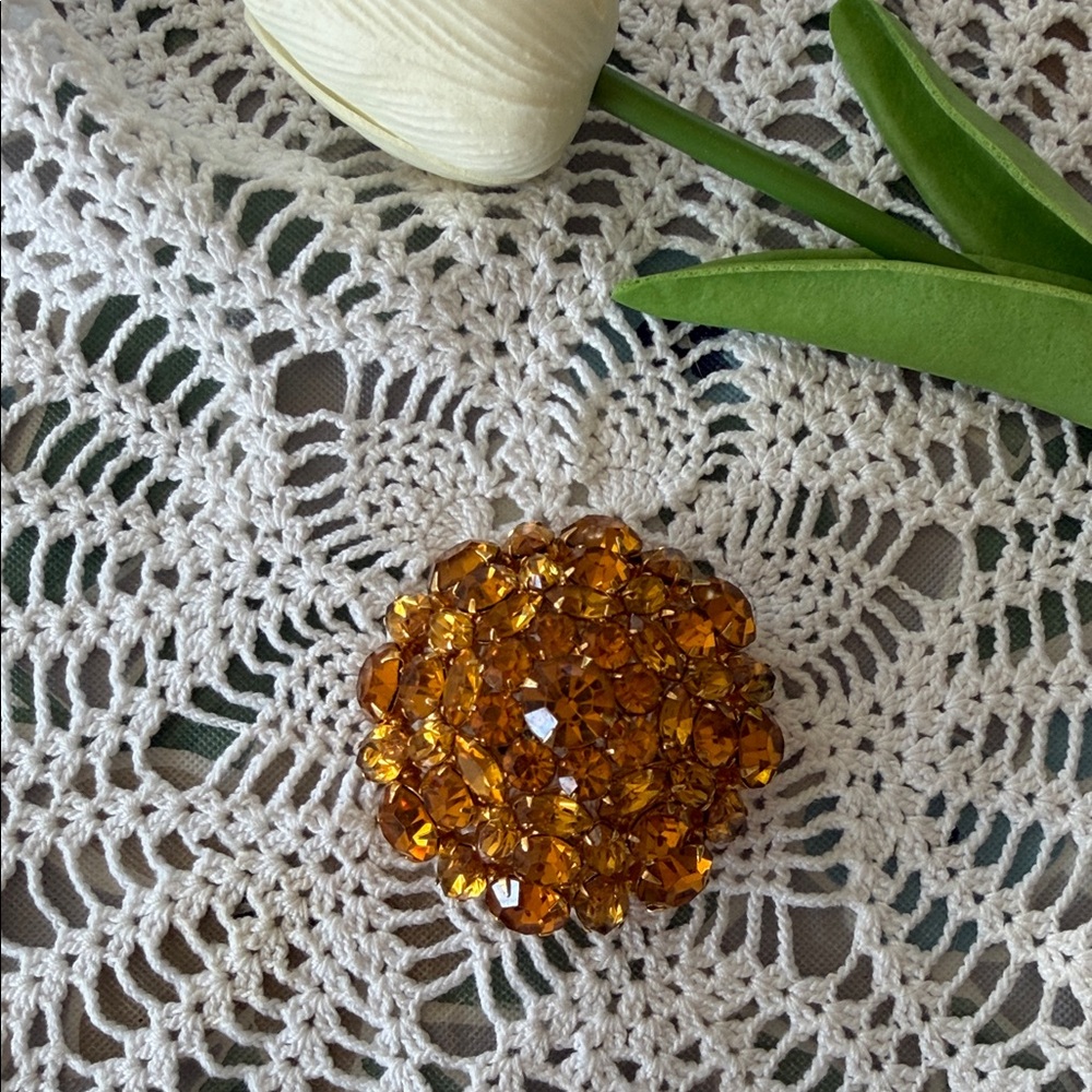 Vintage Amber Crystal Cluster Brooch - Women Accessories